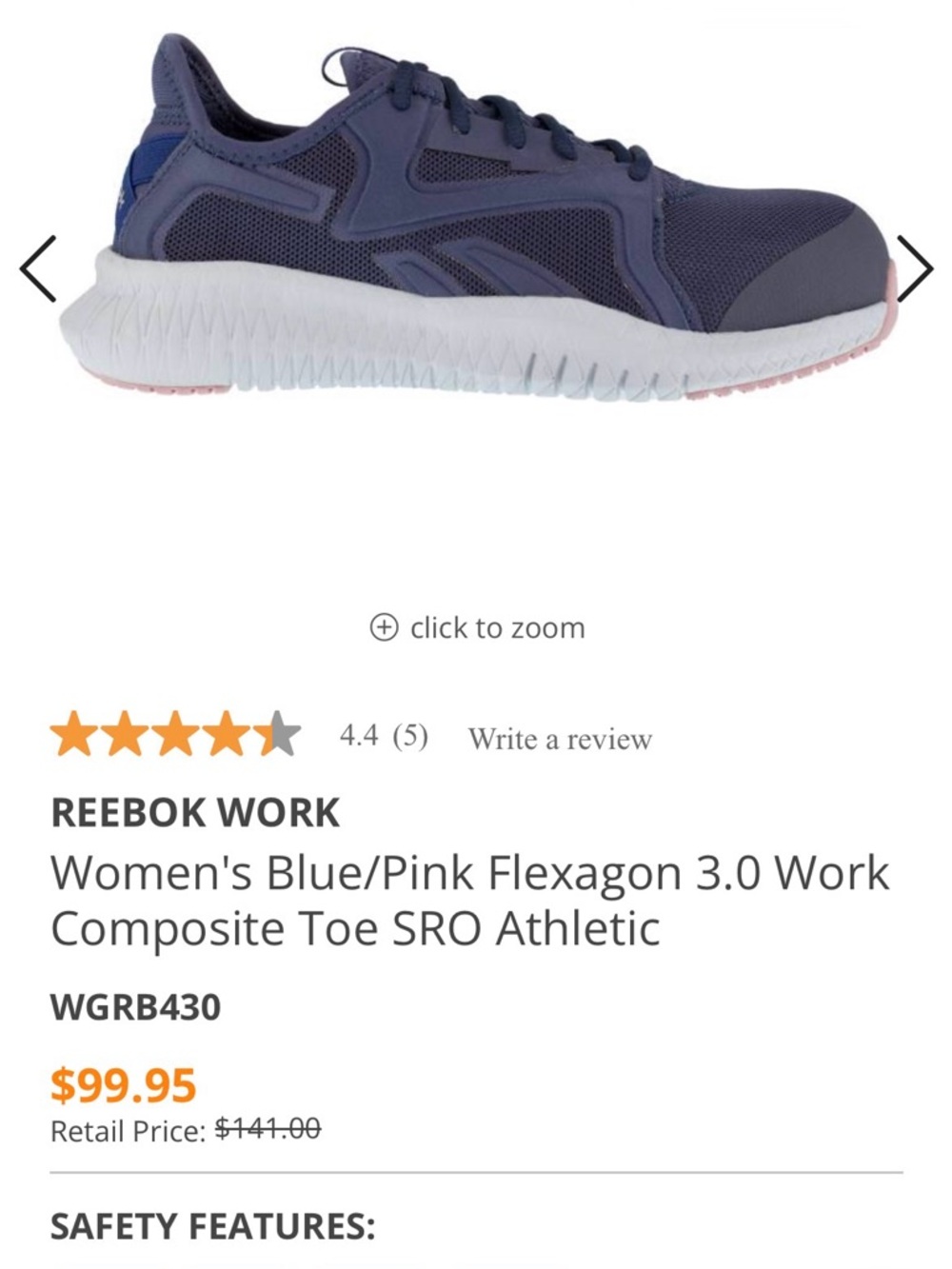 Reebok Women's Navy Blue Athletic Work Shoe with Pink Accent